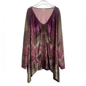 ONE WORLD Purple and Green Velvet Mix Media Artsy Boho Tunic